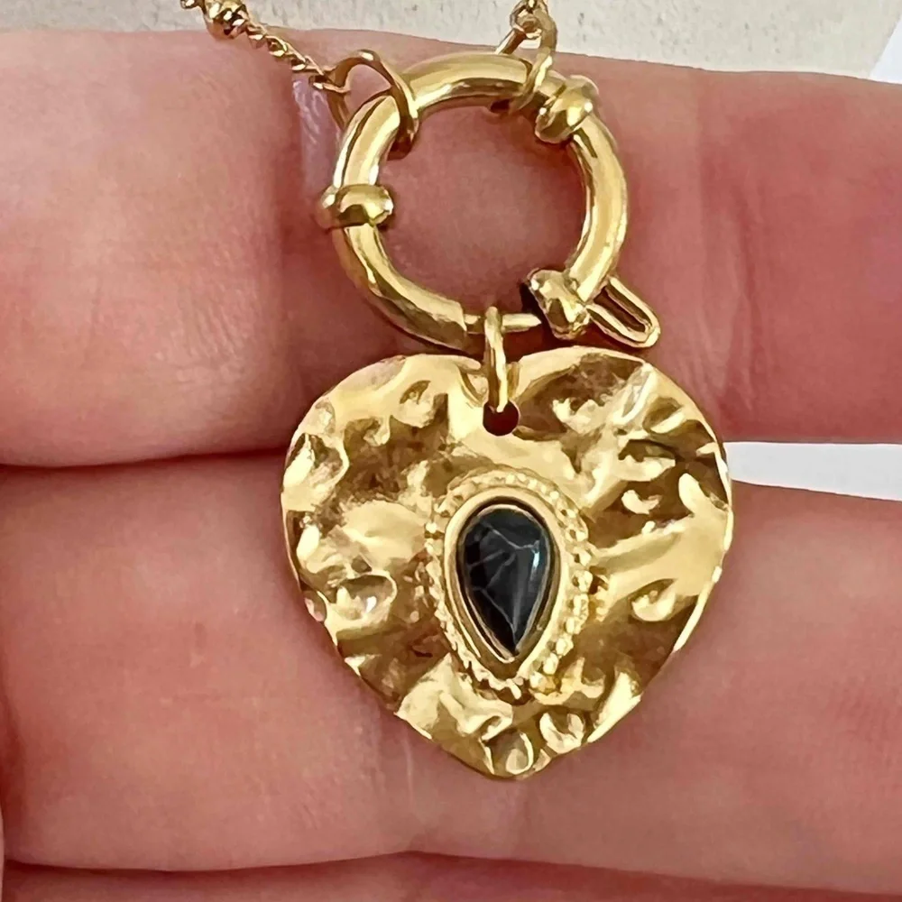 18K Gold Plated black turquoise charm holder Necklace stainless steel jewelry - Picture 8 of 11